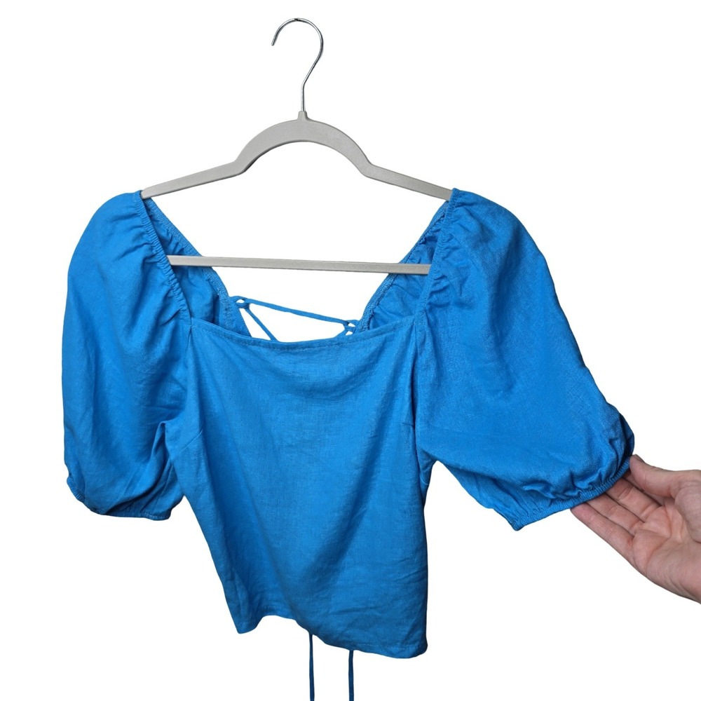 Francesca's Blue Linen Blend Crop Top Women's M Puff Sleeve Tie Back Coastal NWT